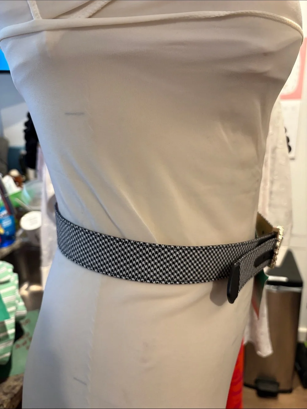 Talbots Black & White Houndstooth Belt with Crystal Buckle